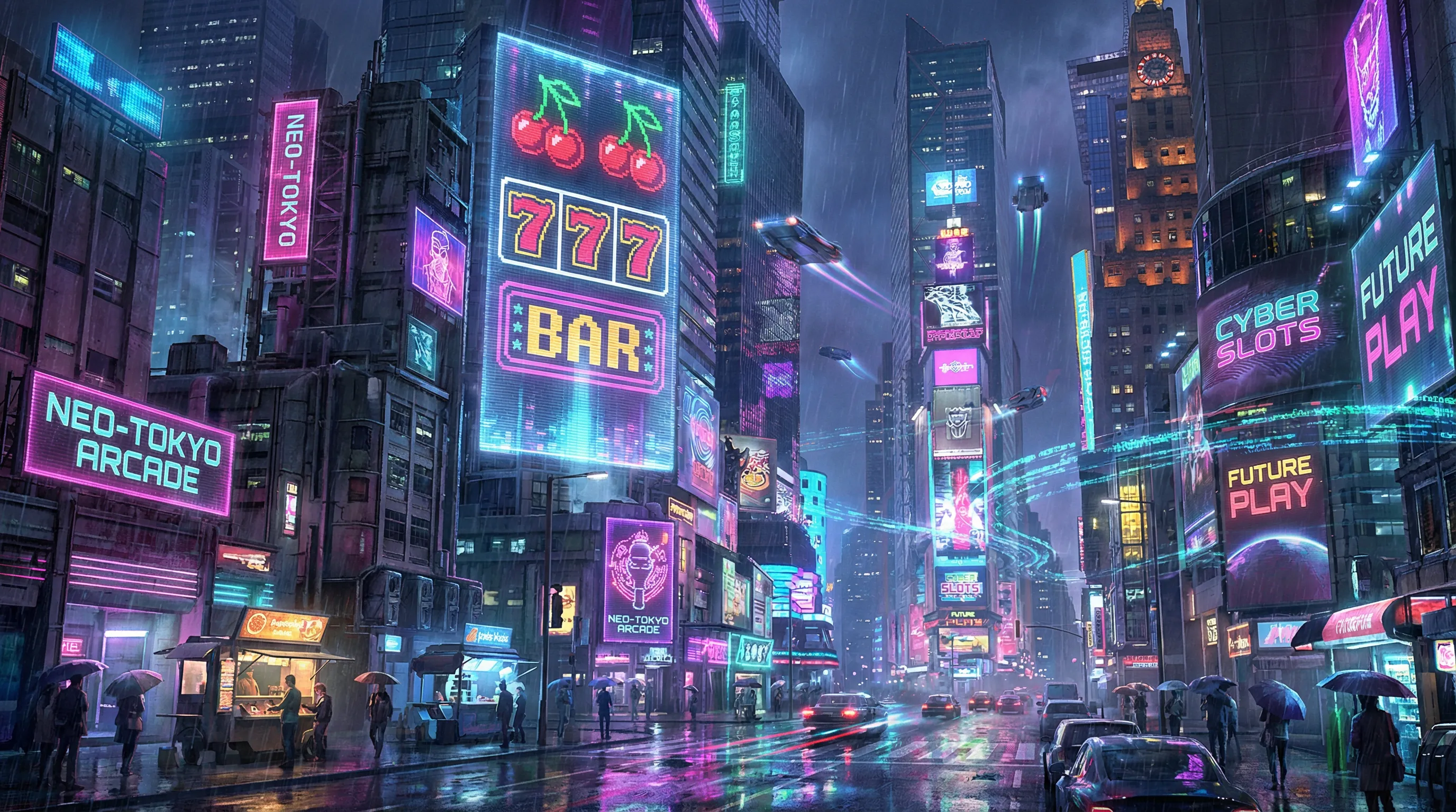 财神捕鱼 赛博都市水果老虎机街区夜景